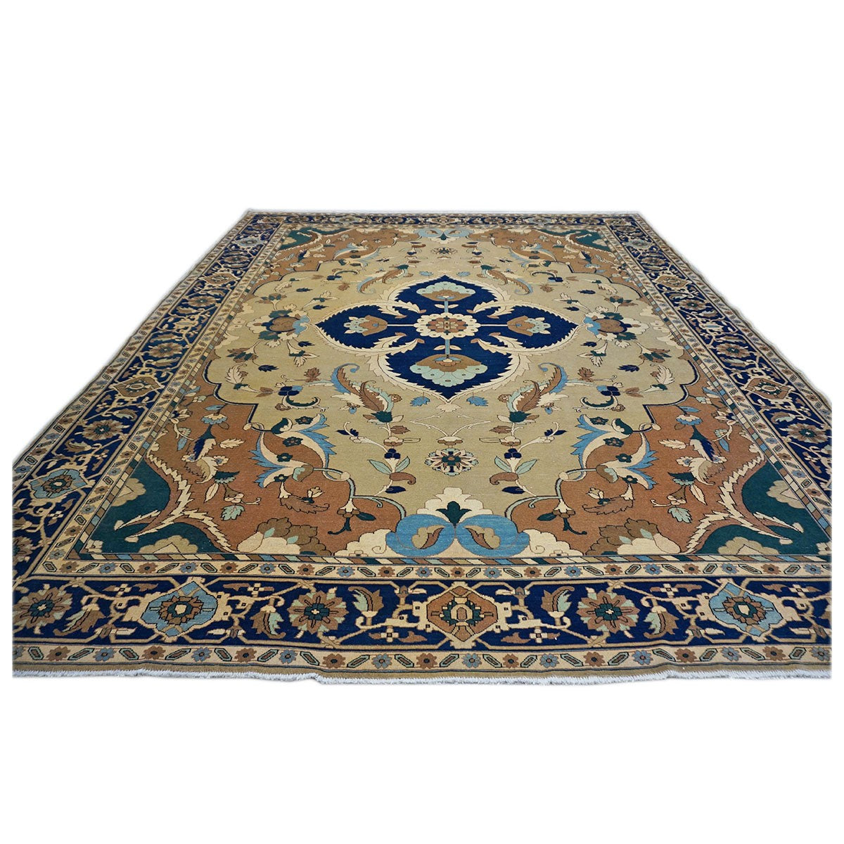 21st Century Persian Heriz 12x15 Tan & Navy Handmade Area Rug #9902016 image 3
