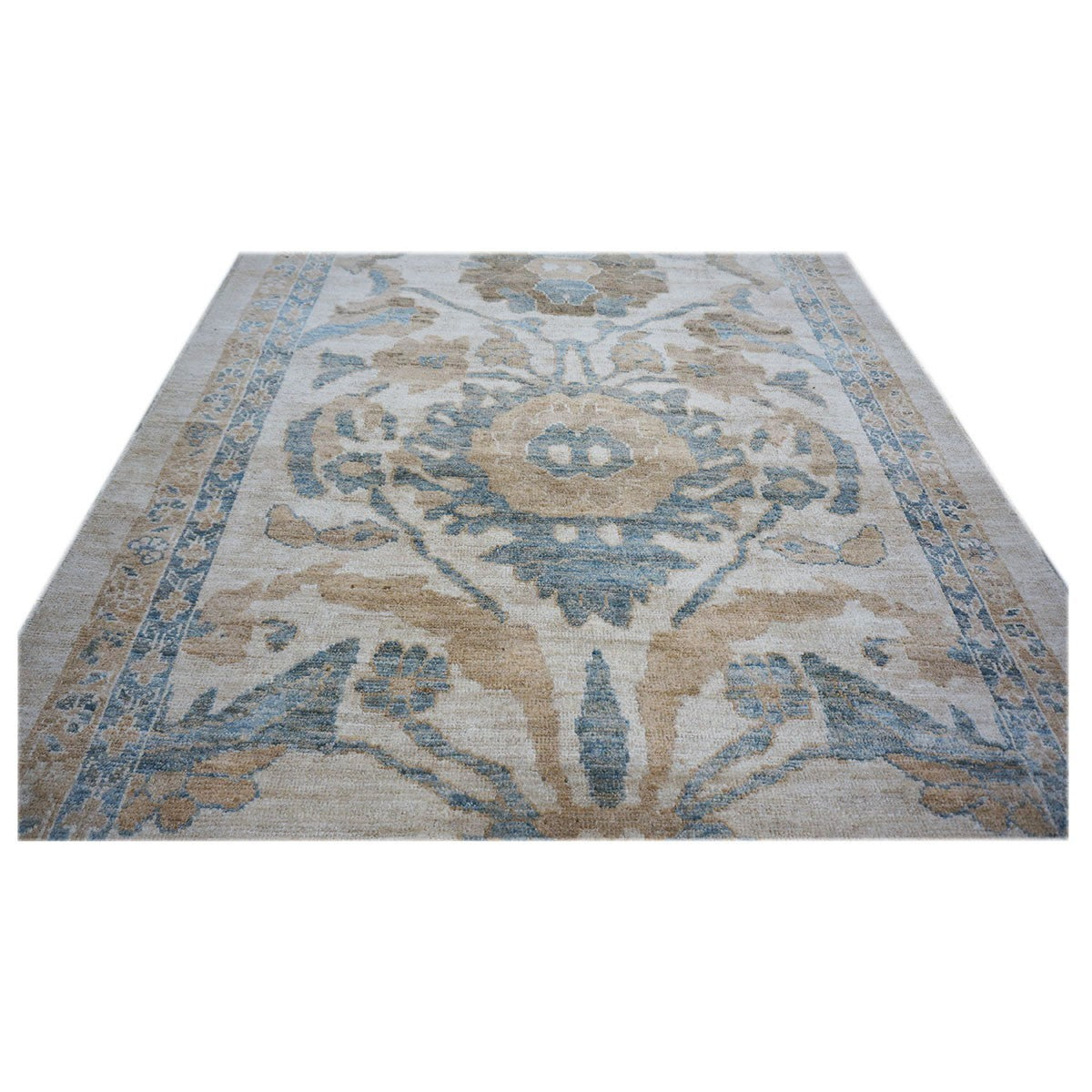 Persian Sultanabad 4x24 Ivory, Tan, & Blue Hall Runner Rug #1141314 image 3