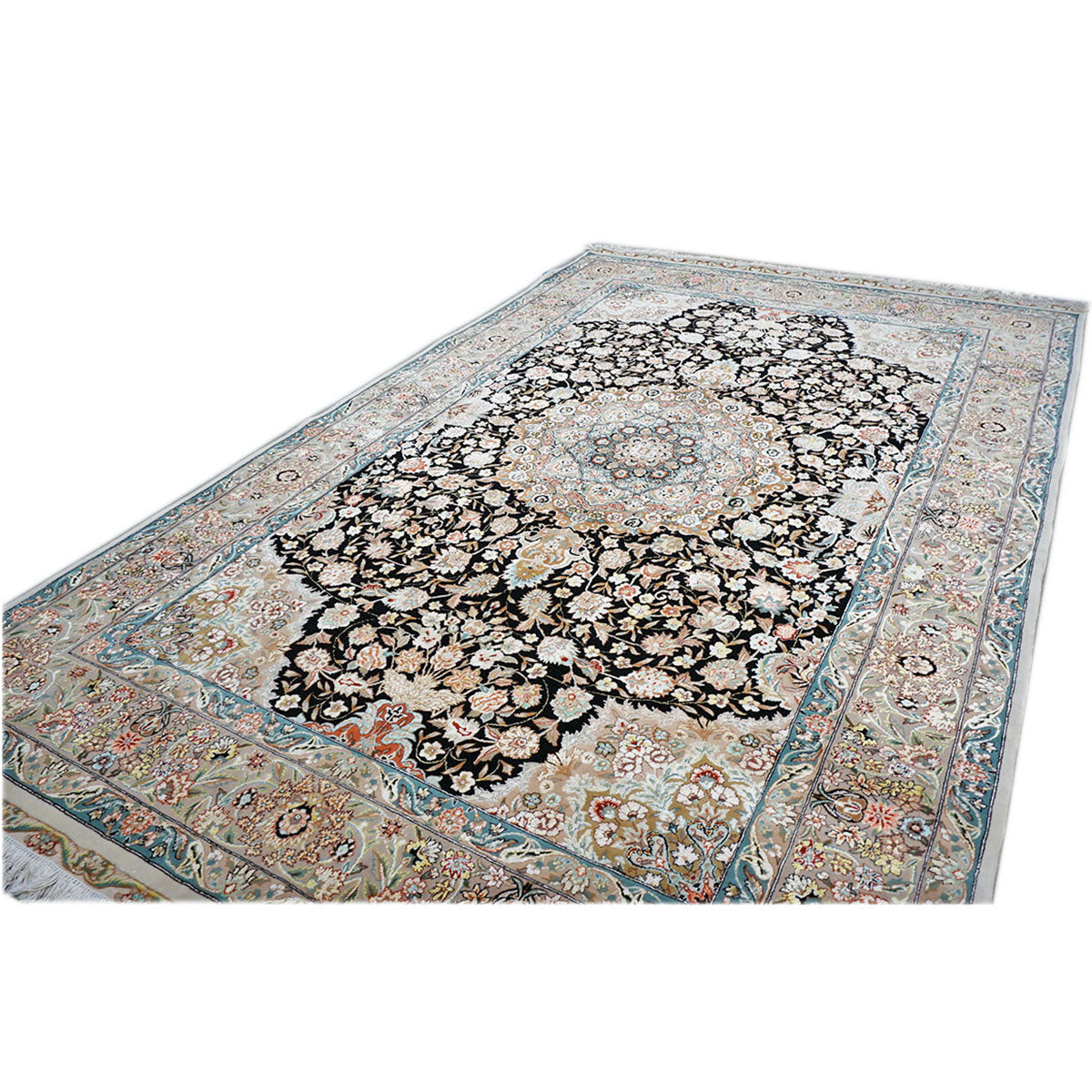 Vintage Persian Tabriz Wool & Silk 5x8 Blue, Black, & Ivory Handmade Area Rug #1143809 image 3