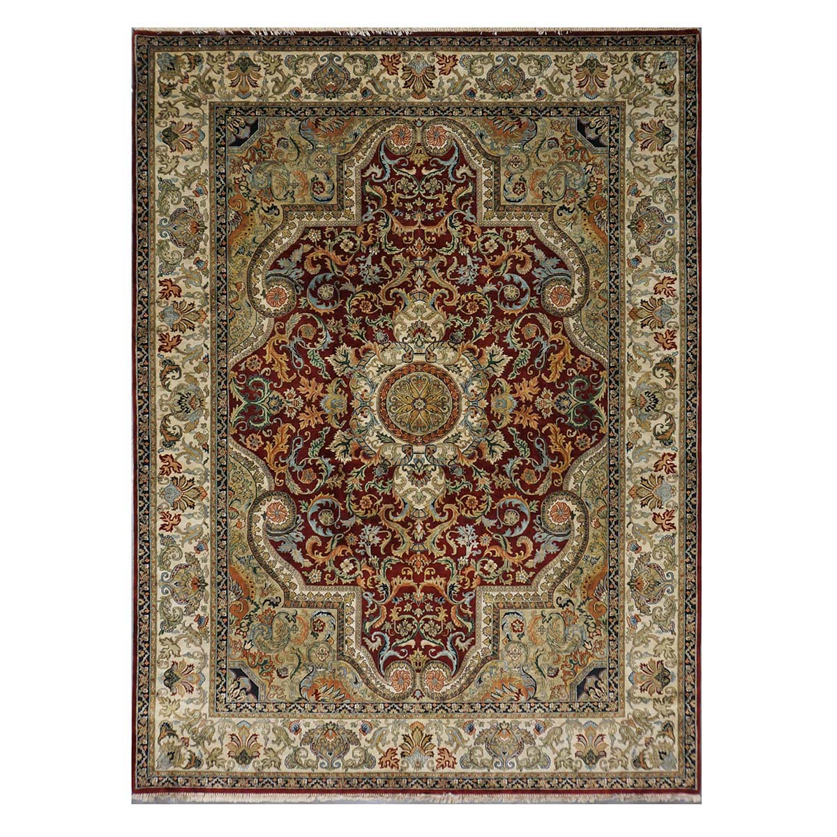 Indian Tabriz Wool 9x12 Red & Ivory Handmade Area Rug #5891
