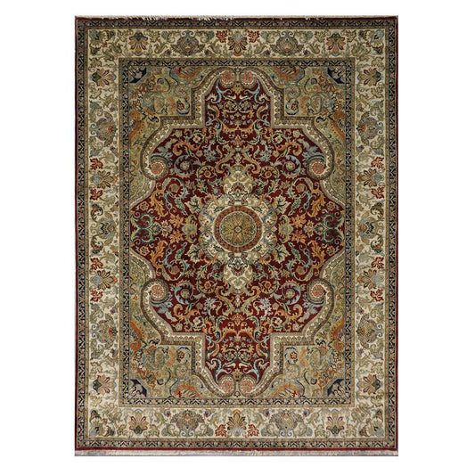 Indian Tabriz Wool 9x12 Red & Ivory Handmade Area Rug #5891
