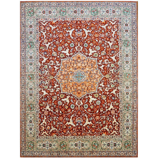 Antique Persian Tabriz 9x12 Red, Ivory, & Green Handmade Area Rug #1143240 image 0
