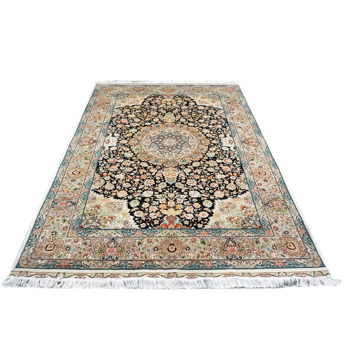 Vintage Persian Tabriz Wool & Silk 5x8 Blue, Black, & Ivory Handmade Area Rug #1143809 image 2