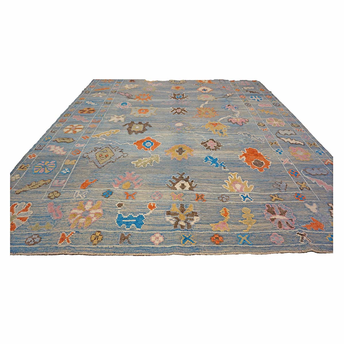 21st Century Turkish Oushak 9x12 Gray, Orange & Slate Blue Handmade Runner Rug #A.C.201 image 2