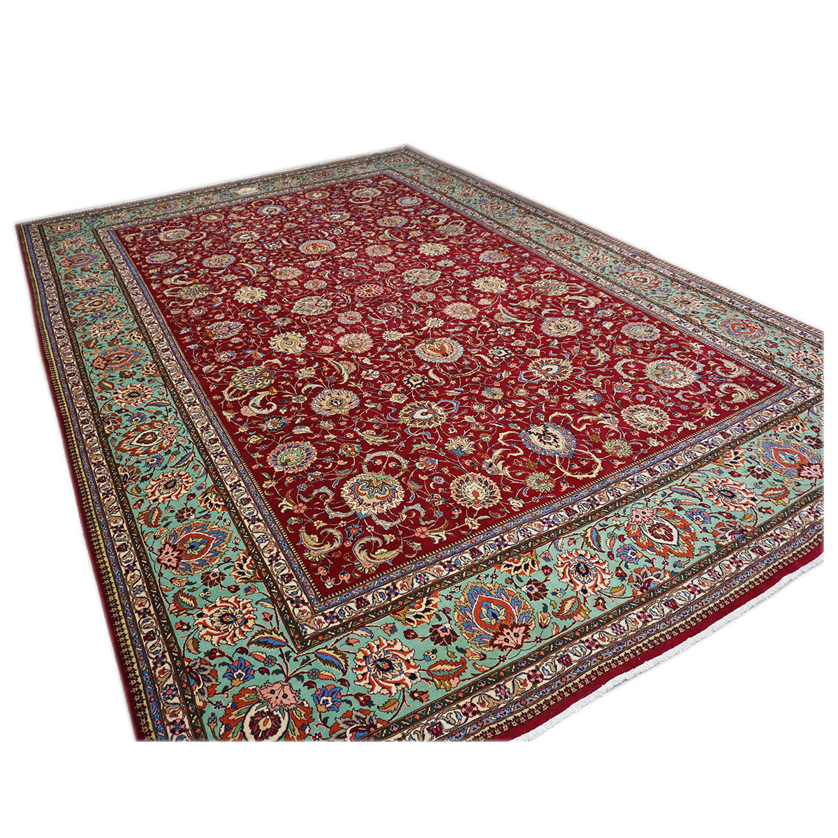 Antique 1940s Persian Tabriz Pahlavi 11x16 Red, Teal, & Ivory Handmade Area Rug #9902164 image 2