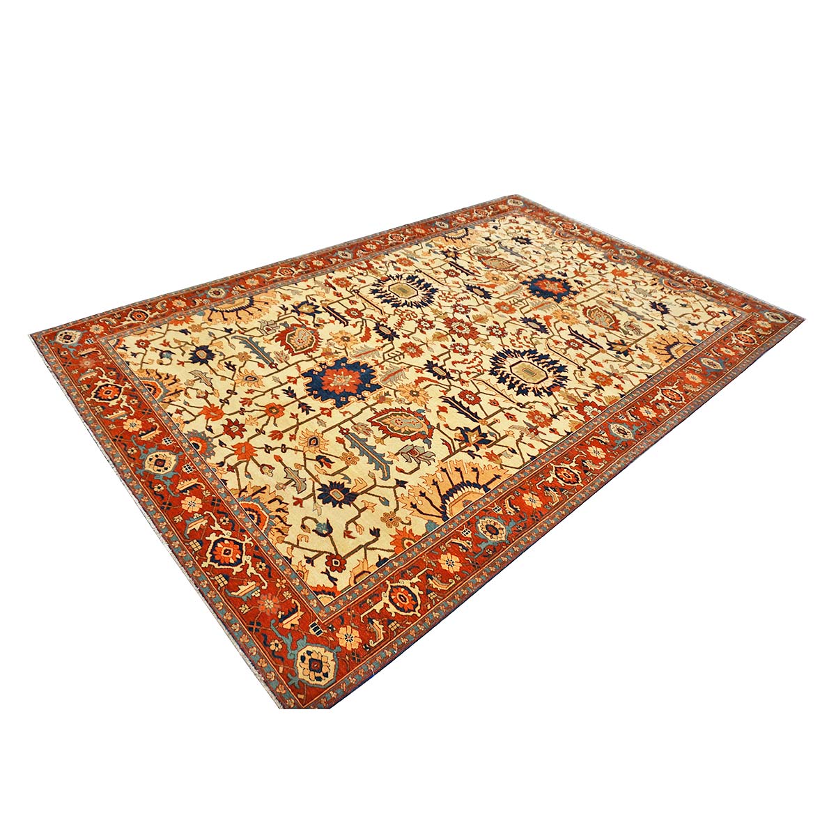 Persian Serapi 7x11 Ivory, Rust, & Blue Antique Recreation Handmade Area Rug #1141228 image 3