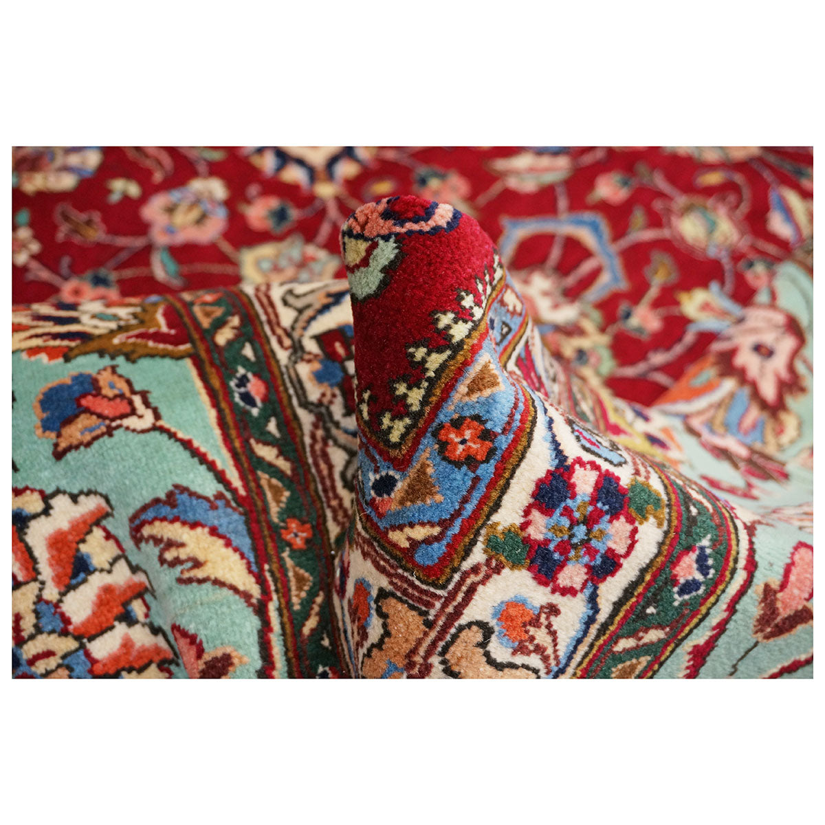 Antique 1940s Persian Tabriz Pahlavi 11x16 Red, Teal, & Ivory Handmade Area Rug #9902164 image 8