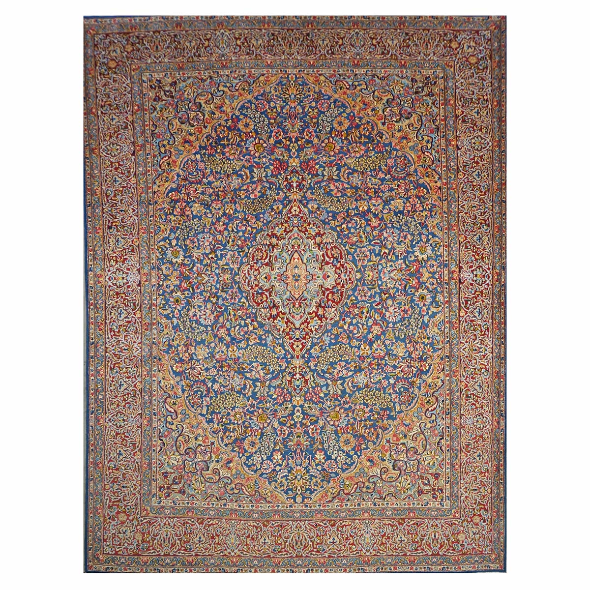 Antique Persian Kerman Wool 10x13 Blue, Orange & Red Handmade Area Rug #9900542