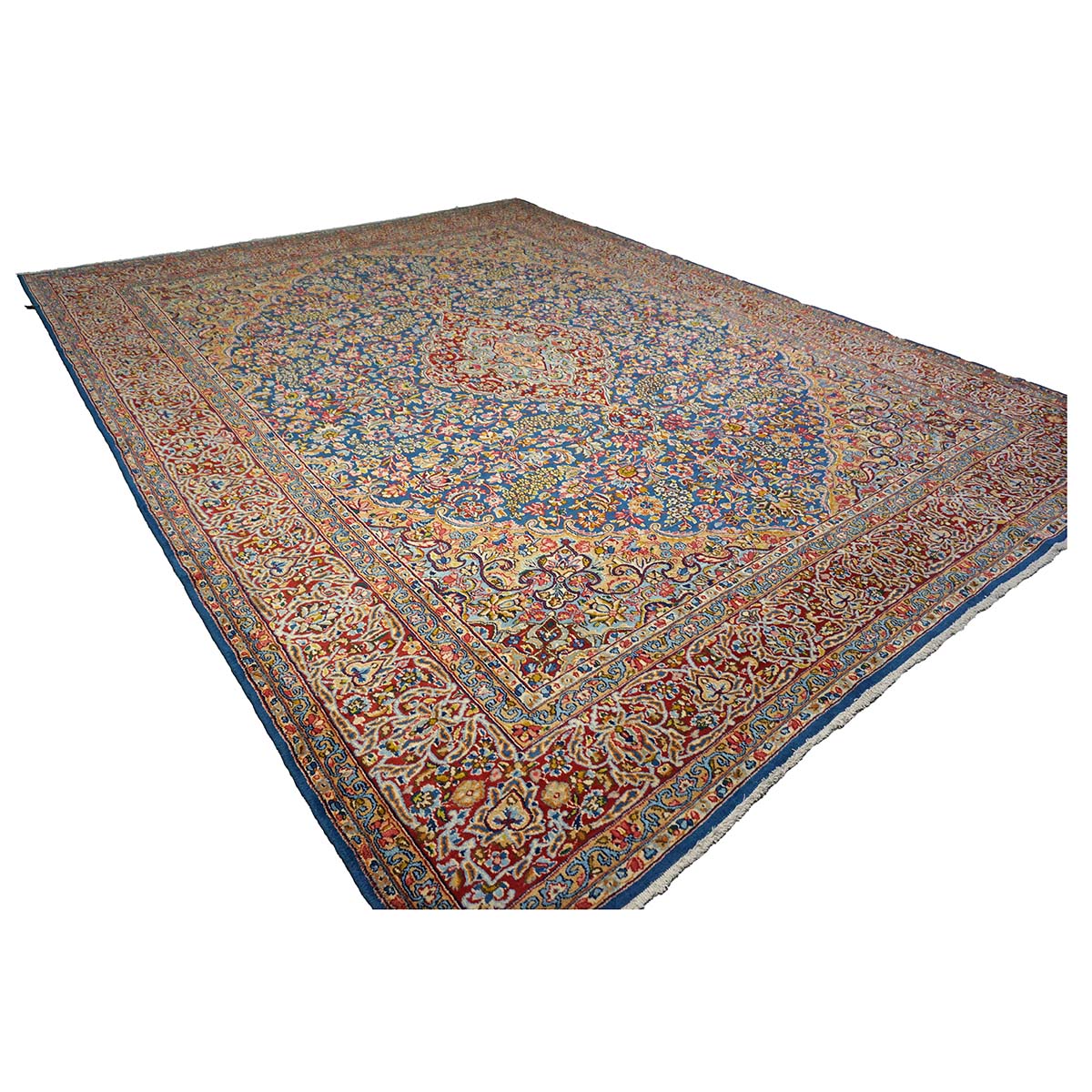 Antique Persian Kerman Wool 10x13 Blue, Orange & Red Handmade Area Rug #9900542