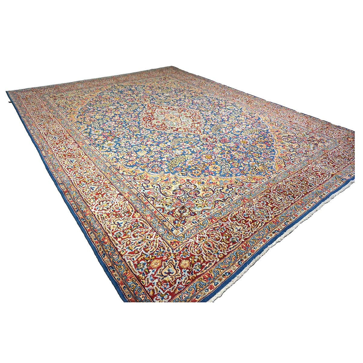 Antique Persian Kerman Wool 10x13 Blue, Orange & Red Handmade Area Rug #9900542