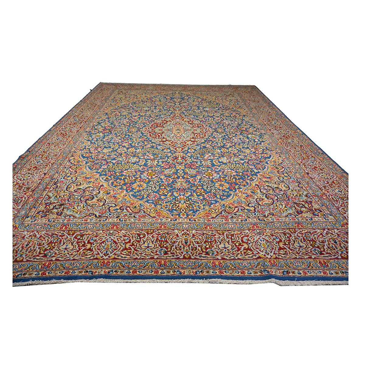 Antique Persian Kerman Wool 10x13 Blue, Orange & Red Handmade Area Rug #9900542