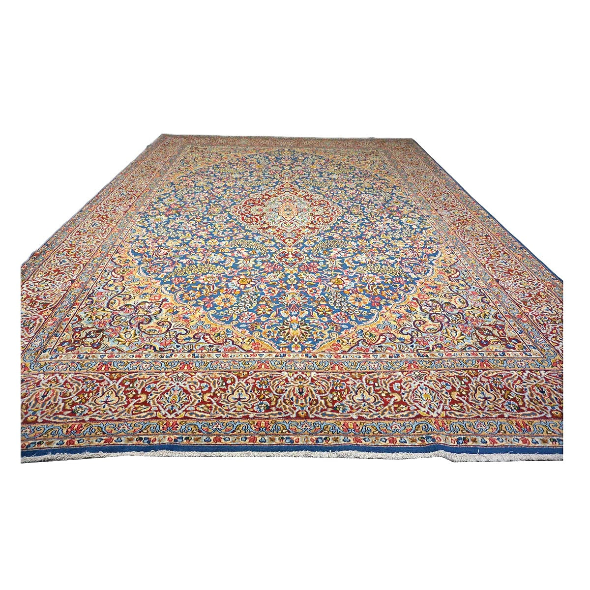 Antique Persian Kerman Wool 10x13 Blue, Orange & Red Handmade Area Rug #9900542