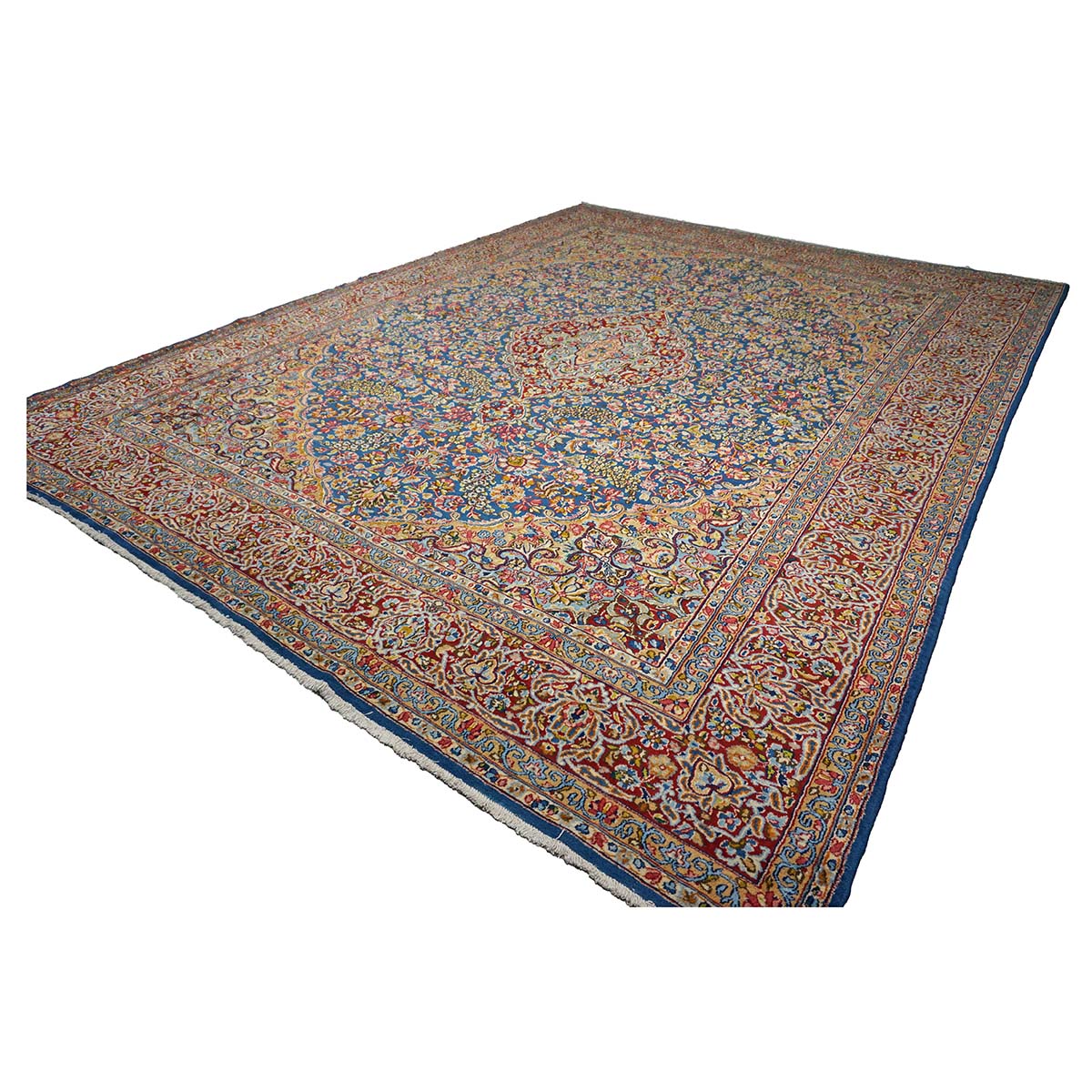 Antique Persian Kerman Wool 10x13 Blue, Orange & Red Handmade Area Rug #9900542