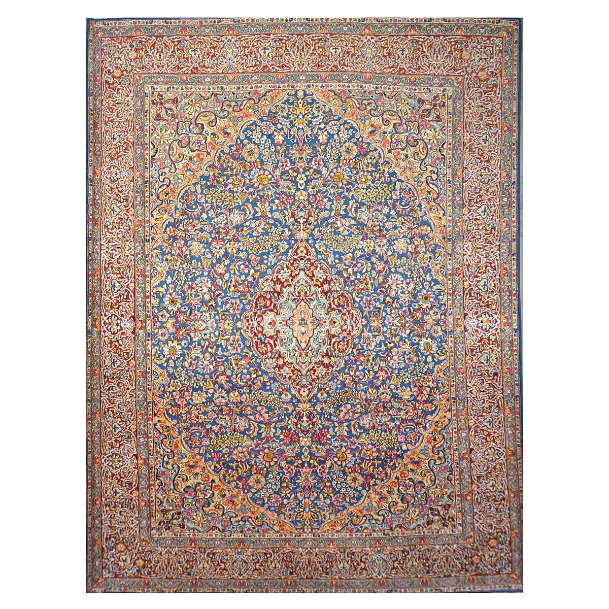 Antique Persian Kerman Wool 10x13 Blue, Orange & Red Handmade Area Rug #9900542
