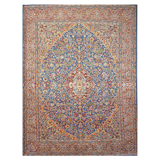 Antique Persian Kerman Wool 10x13 Blue, Orange & Red Handmade Area Rug #9900542