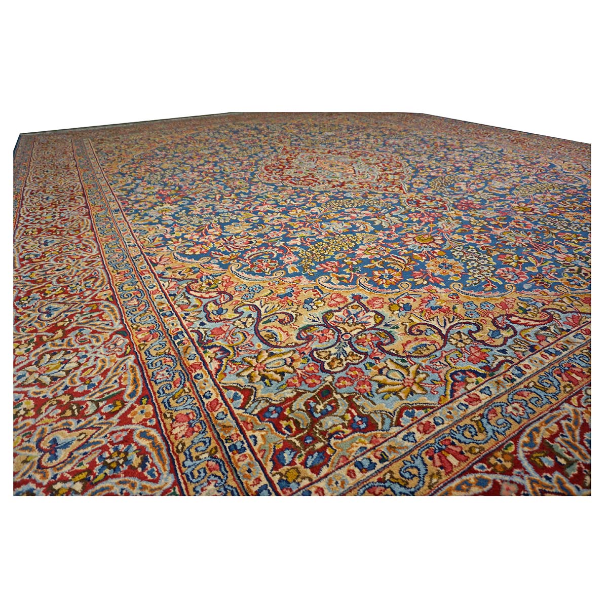 Antique Persian Kerman Wool 10x13 Blue, Orange & Red Handmade Area Rug #9900542