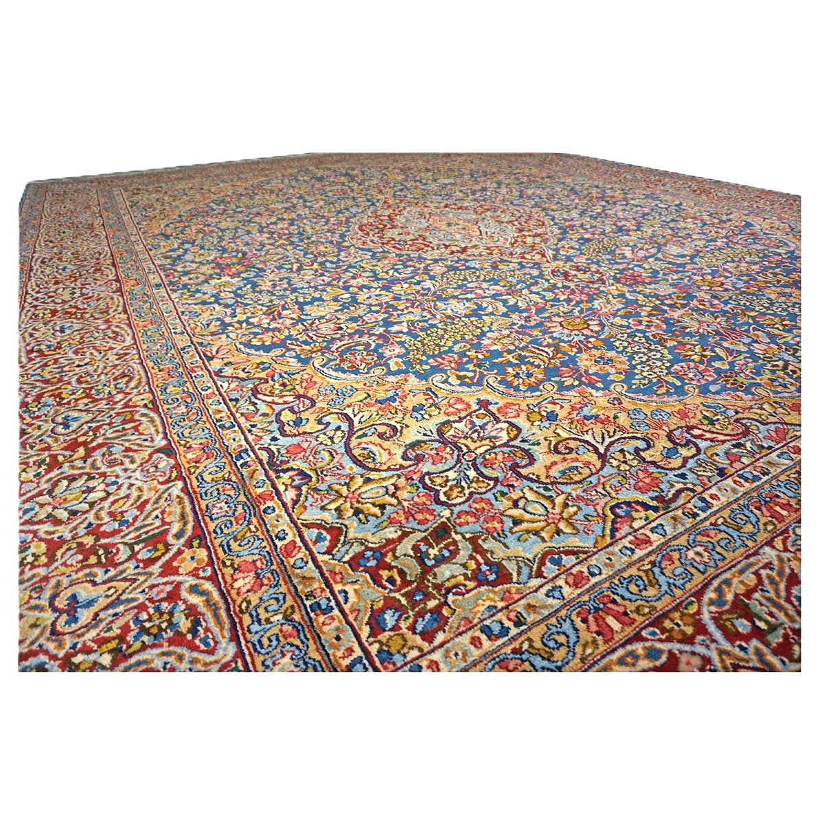 Antique Persian Kerman Wool 10x13 Blue, Orange & Red Handmade Area Rug #9900542