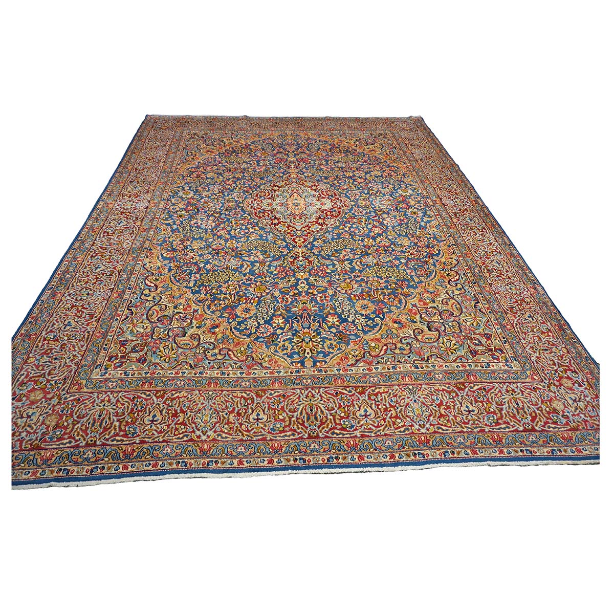 Antique Persian Kerman Wool 10x13 Blue, Orange & Red Handmade Area Rug #9900542