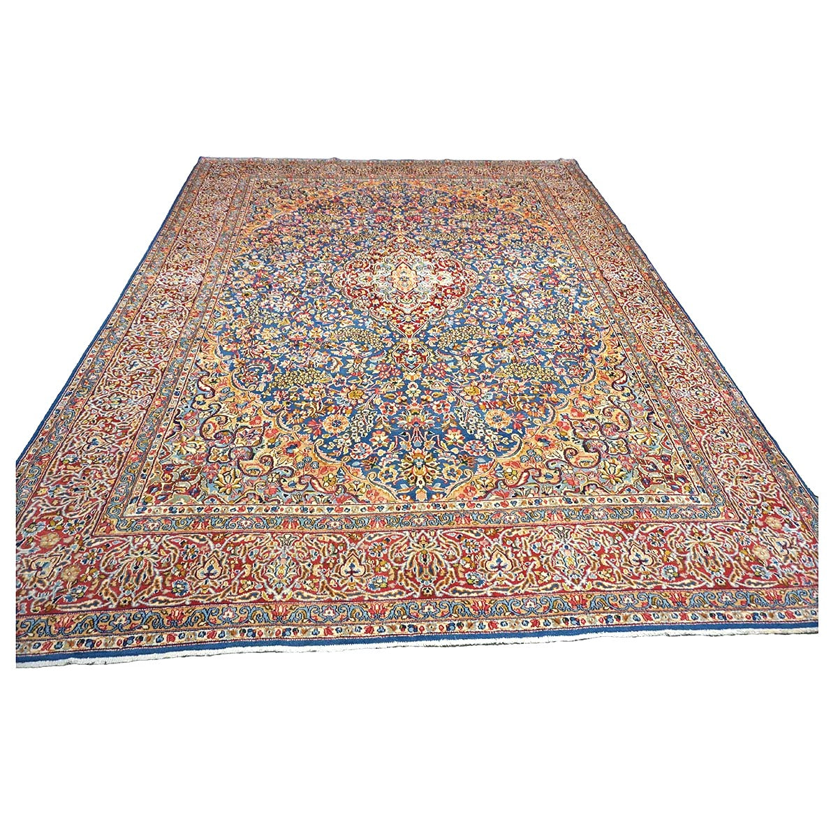Antique Persian Kerman Wool 10x13 Blue, Orange & Red Handmade Area Rug #9900542