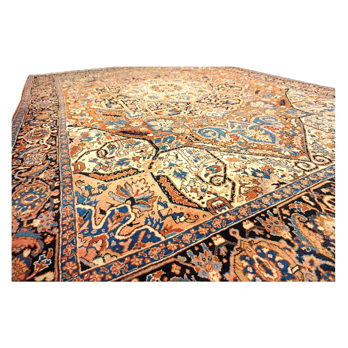 Vintage Persian Heriz Wool 9x13 Rust, Ivory & Navy Handmade Area Rug #9900811