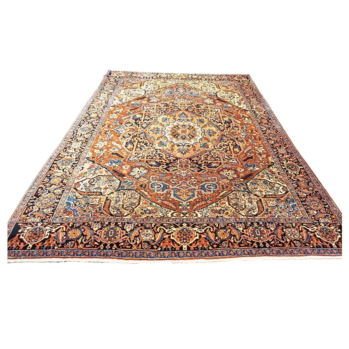 Vintage Persian Heriz Wool 9x13 Rust, Ivory & Navy Handmade Area Rug #9900811