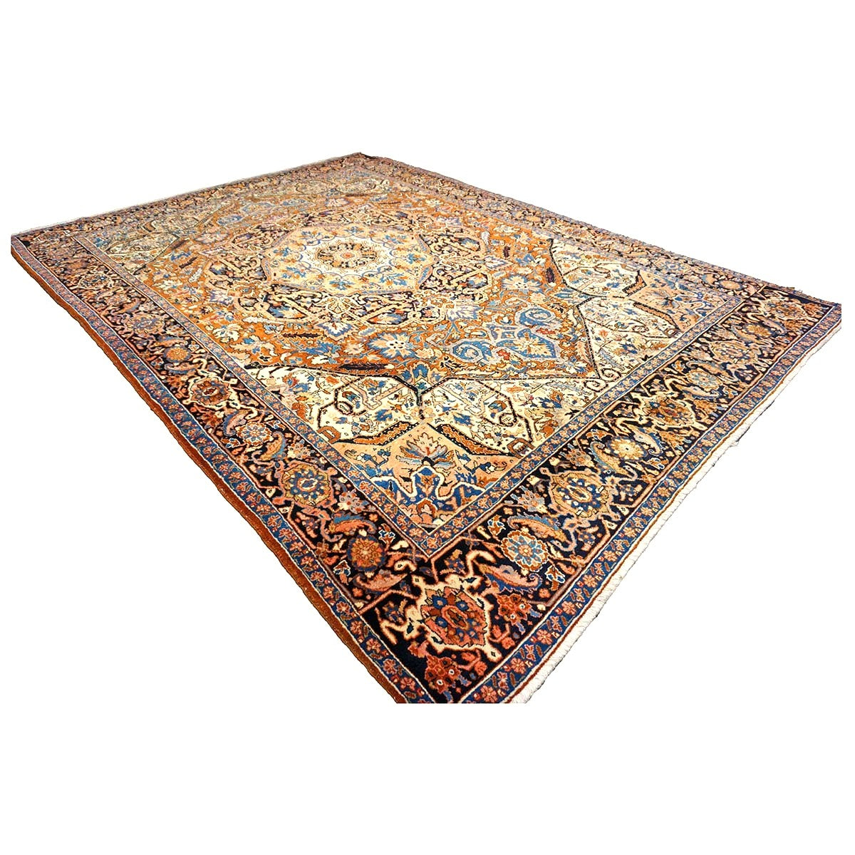 Vintage Persian Heriz Wool 9x13 Rust, Ivory & Navy Handmade Area Rug #9900811