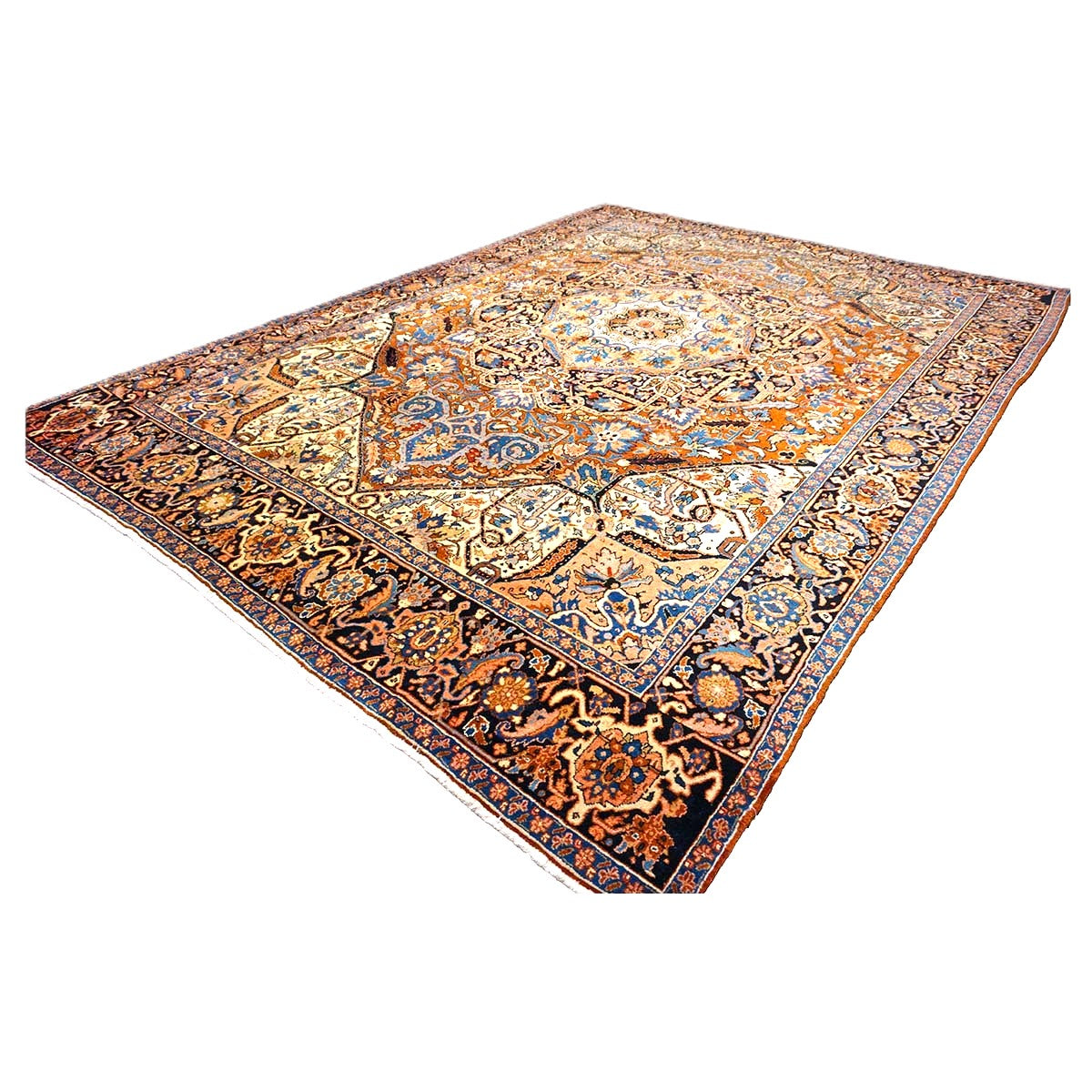 Vintage Persian Heriz Wool 9x13 Rust, Ivory & Navy Handmade Area Rug #9900811