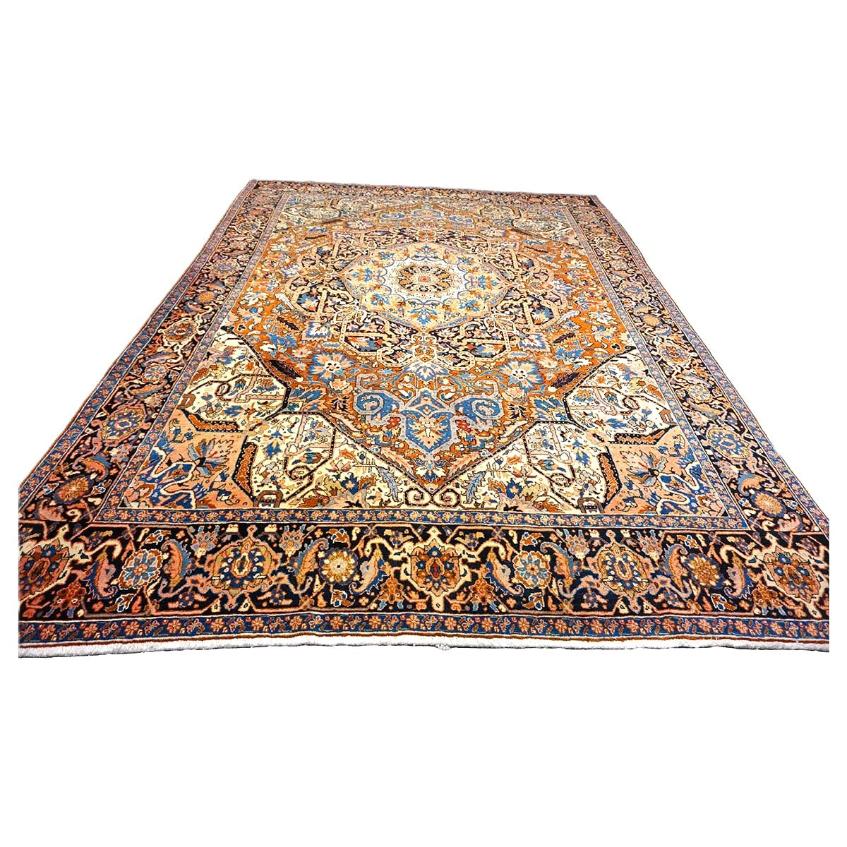 Vintage Persian Heriz Wool 9x13 Rust, Ivory & Navy Handmade Area Rug #9900811