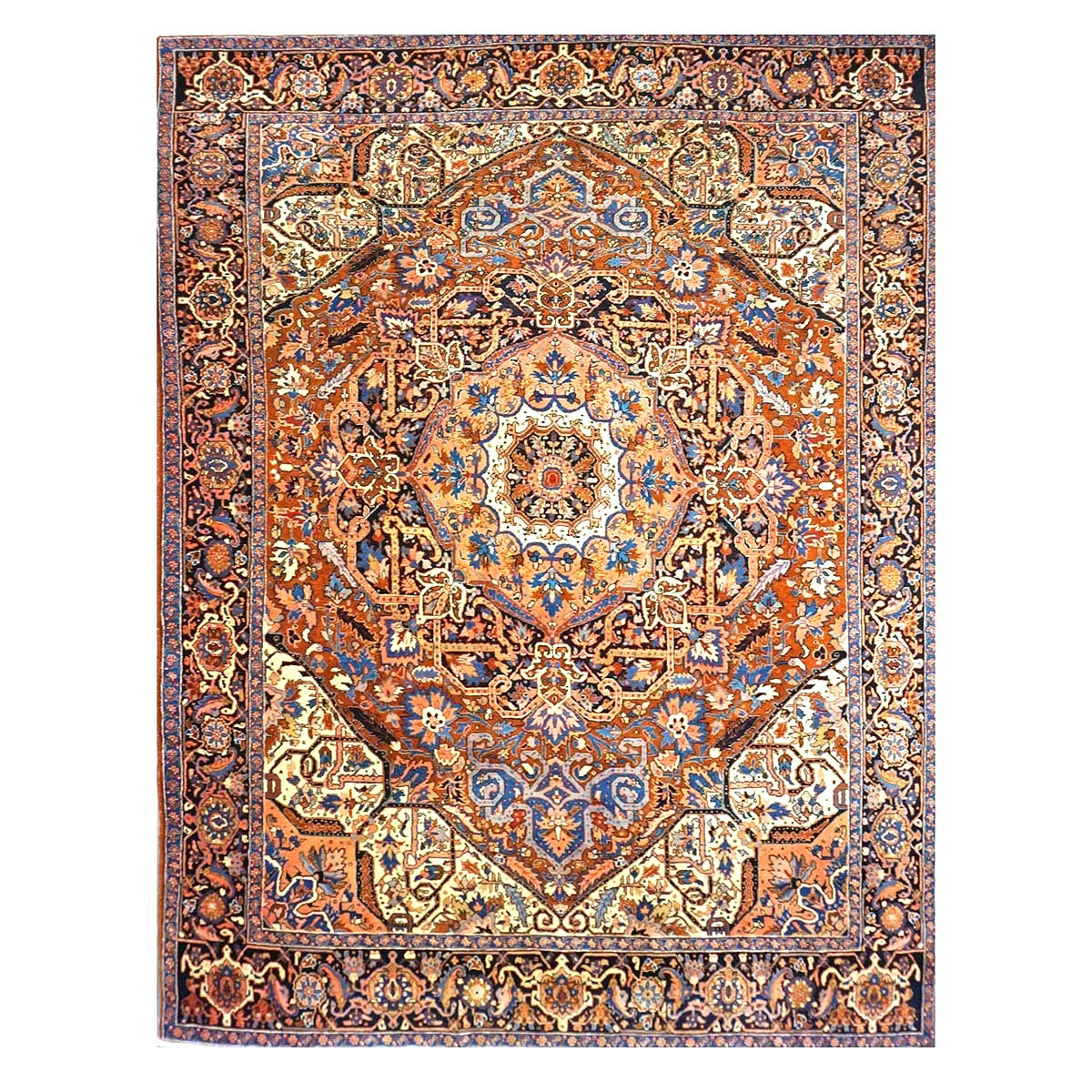 Vintage Persian Heriz Wool 9x13 Rust, Ivory & Navy Handmade Area Rug #9900811