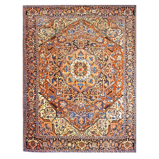 Vintage Persian Heriz Wool 9x13 Rust, Ivory & Navy Handmade Area Rug #9900811