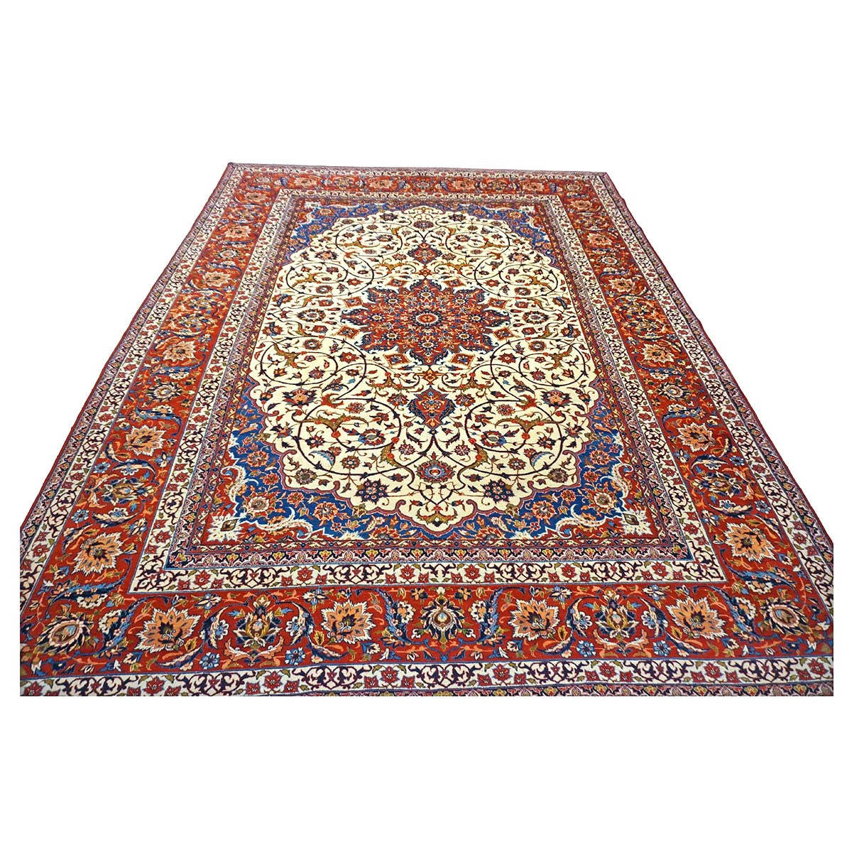 Vintage Persian Isfahan Wool 11x14 Ivory, Blue & Red Handmade Area Rug #9901039