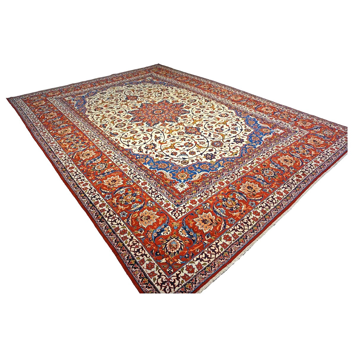 Vintage Persian Isfahan Wool 11x14 Ivory, Blue & Red Handmade Area Rug #9901039