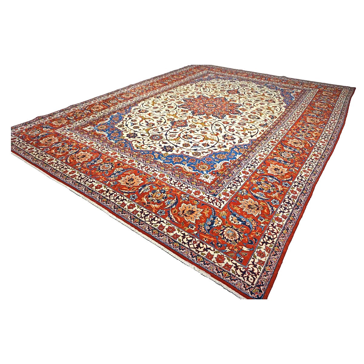 Vintage Persian Isfahan Wool 11x14 Ivory, Blue & Red Handmade Area Rug #9901039