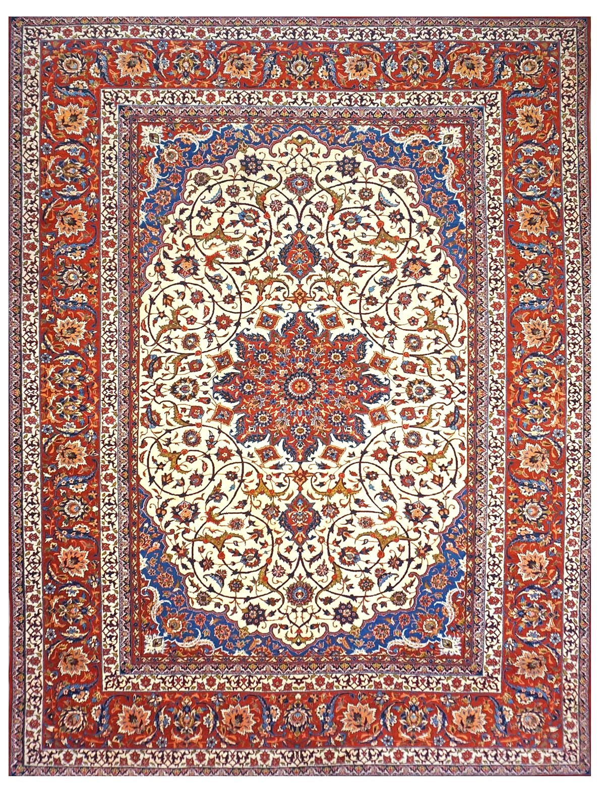 Vintage Persian Isfahan Wool 11x14 Ivory, Blue & Red Handmade Area Rug #9901039