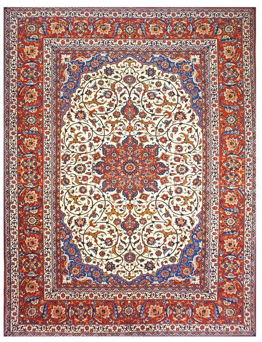 Vintage Persian Isfahan Wool 11x14 Ivory, Blue & Red Handmade Area Rug #9901039