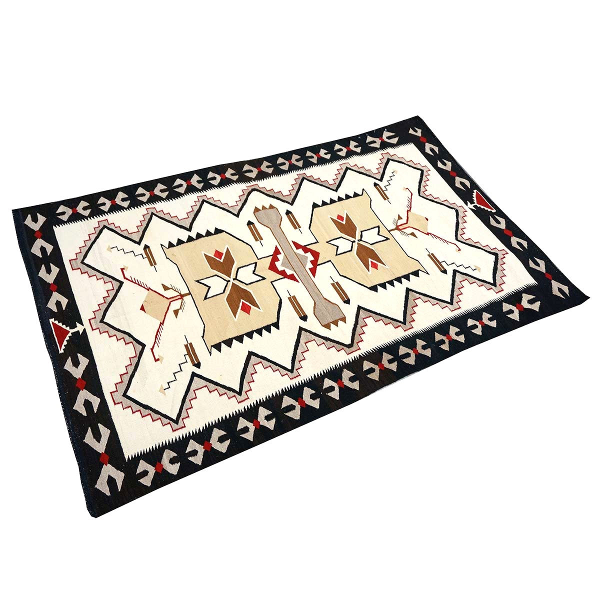 Antique Navajo Indian Pos Tec Nec Wool 4x6 Ivory & Black Handmade Area Rug #9901104