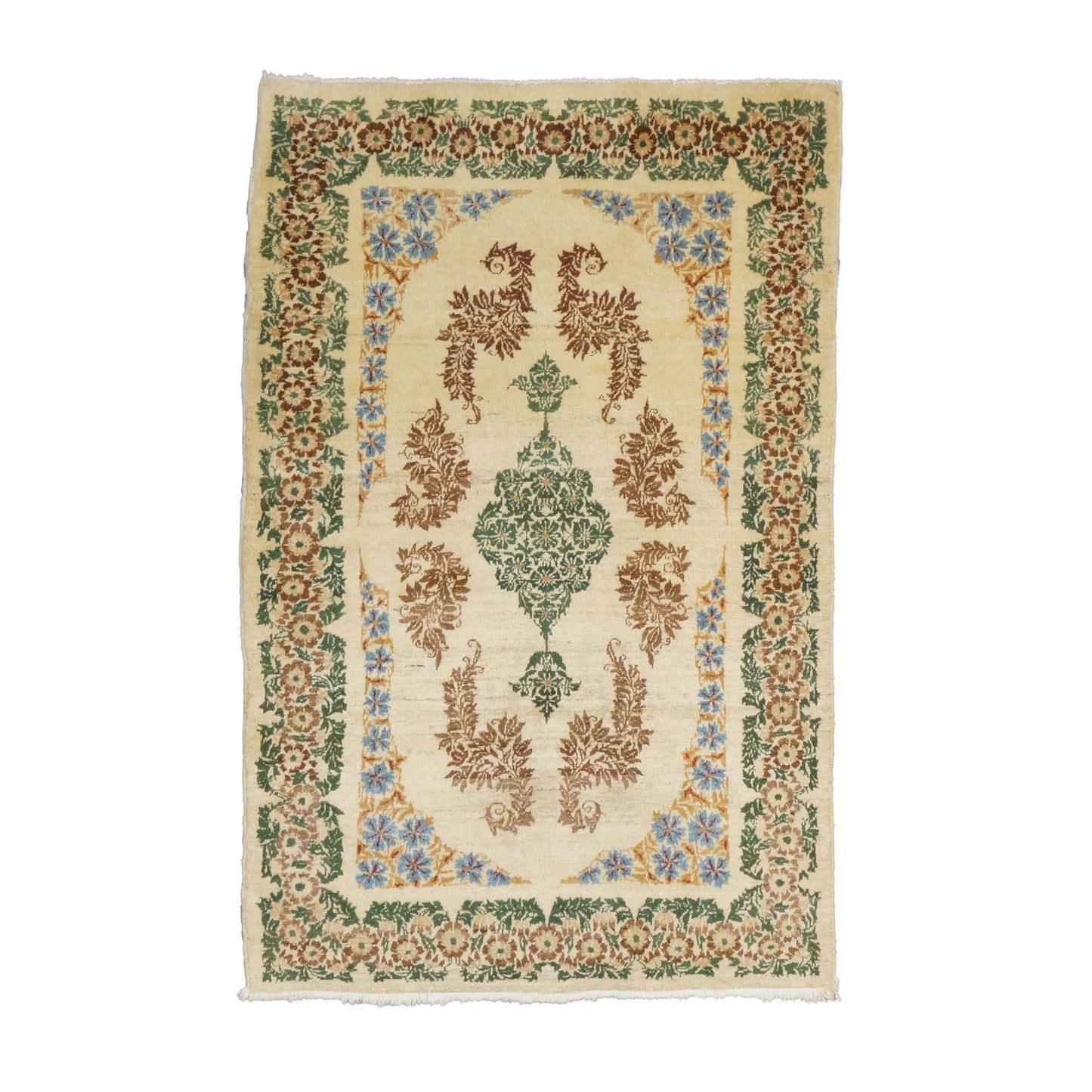 Antique Persian Kerman Wool 3x5 Ivory, Brown & Green Handmade Area Rug # 9901746