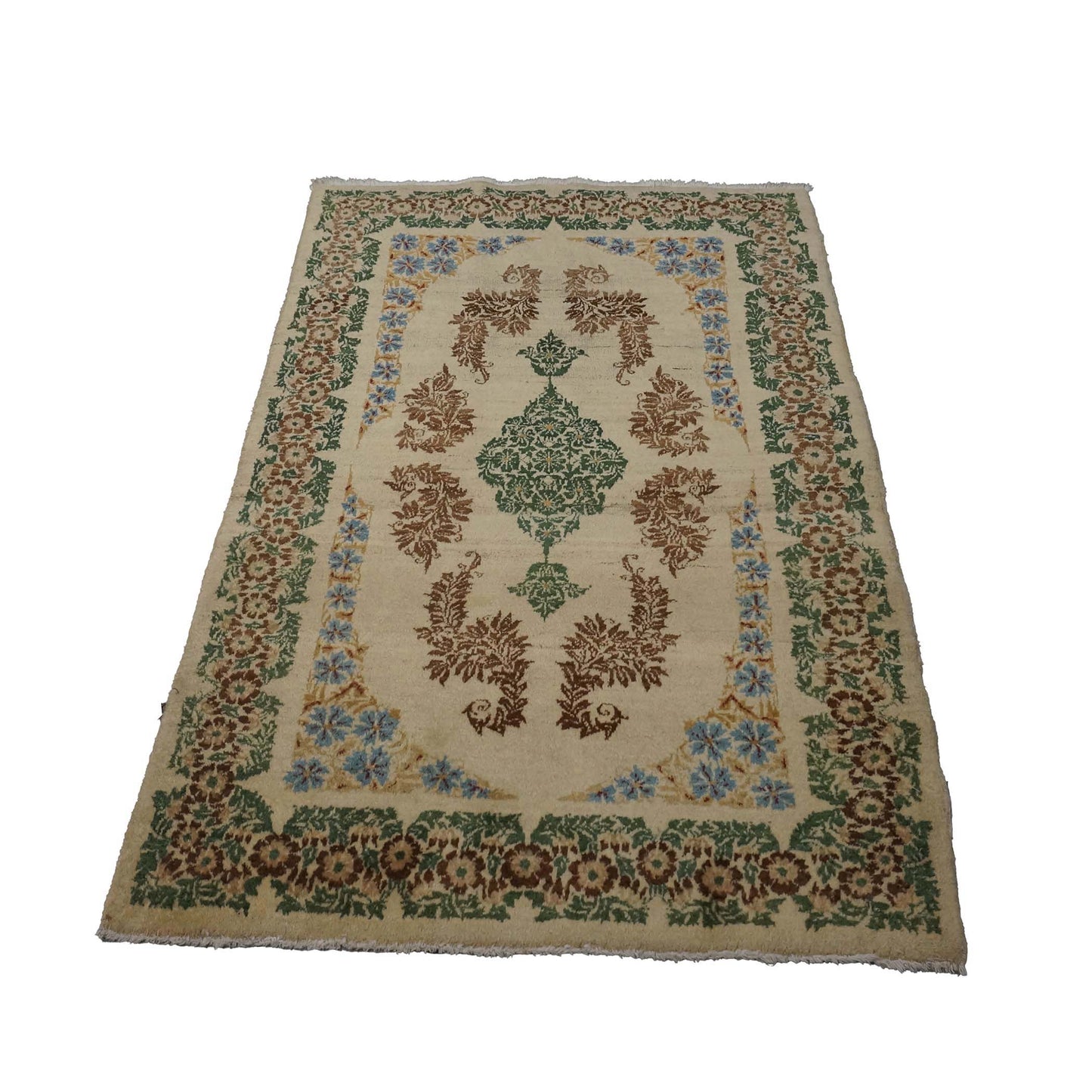 Antique Persian Kerman Wool 3x5 Ivory, Brown & Green Handmade Area Rug # 9901746