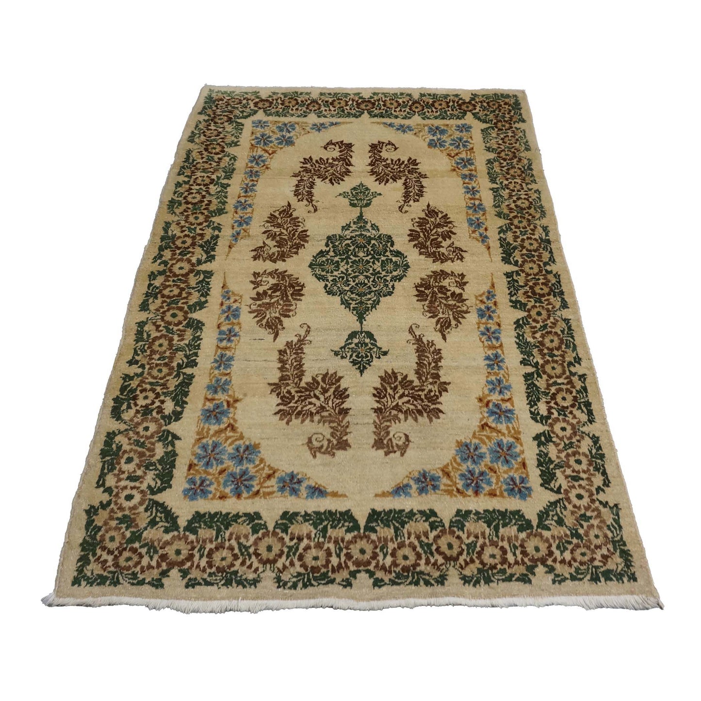 Antique Persian Kerman Wool 3x5 Ivory, Brown & Green Handmade Area Rug # 9901746