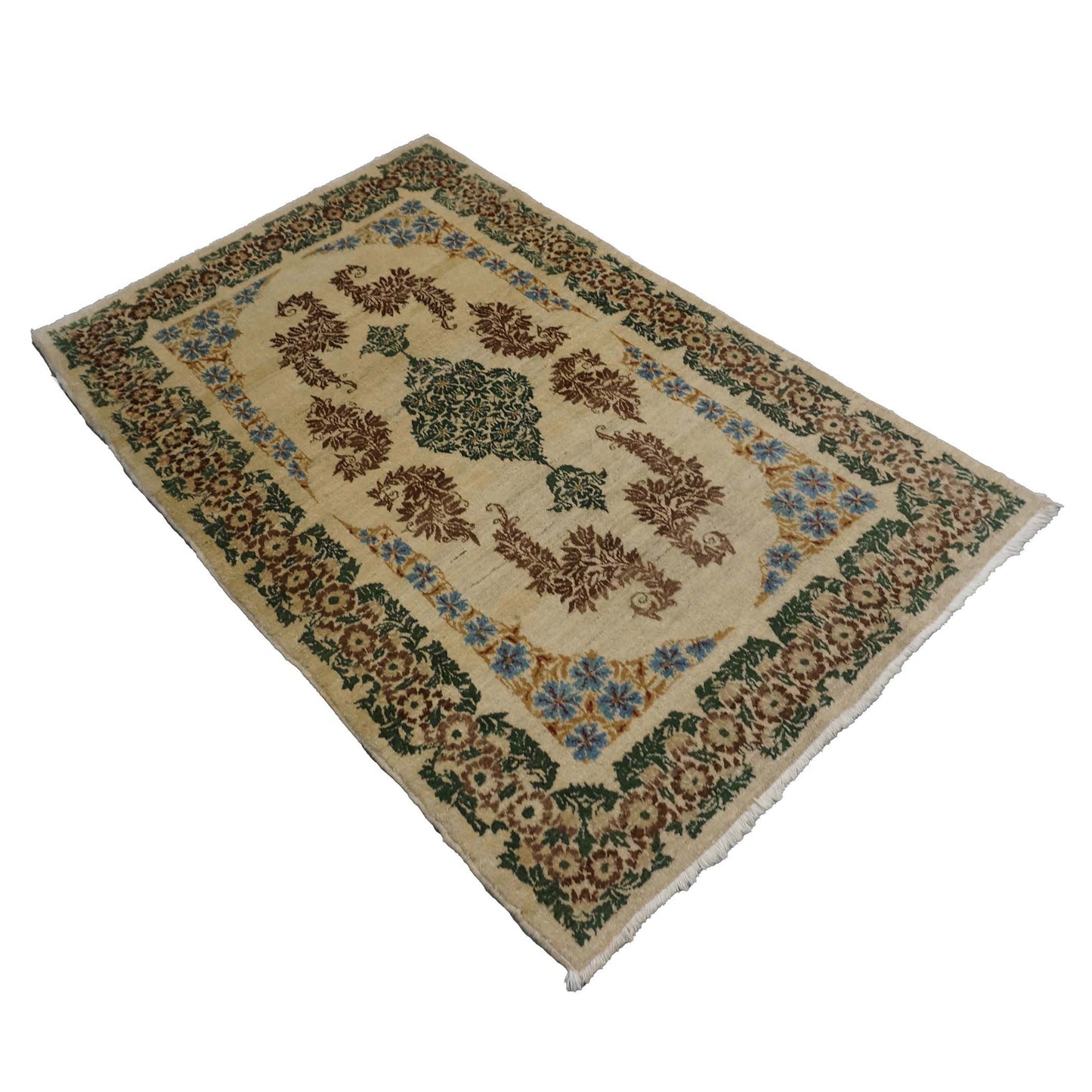 Antique Persian Kerman Wool 3x5 Ivory, Brown & Green Handmade Area Rug # 9901746