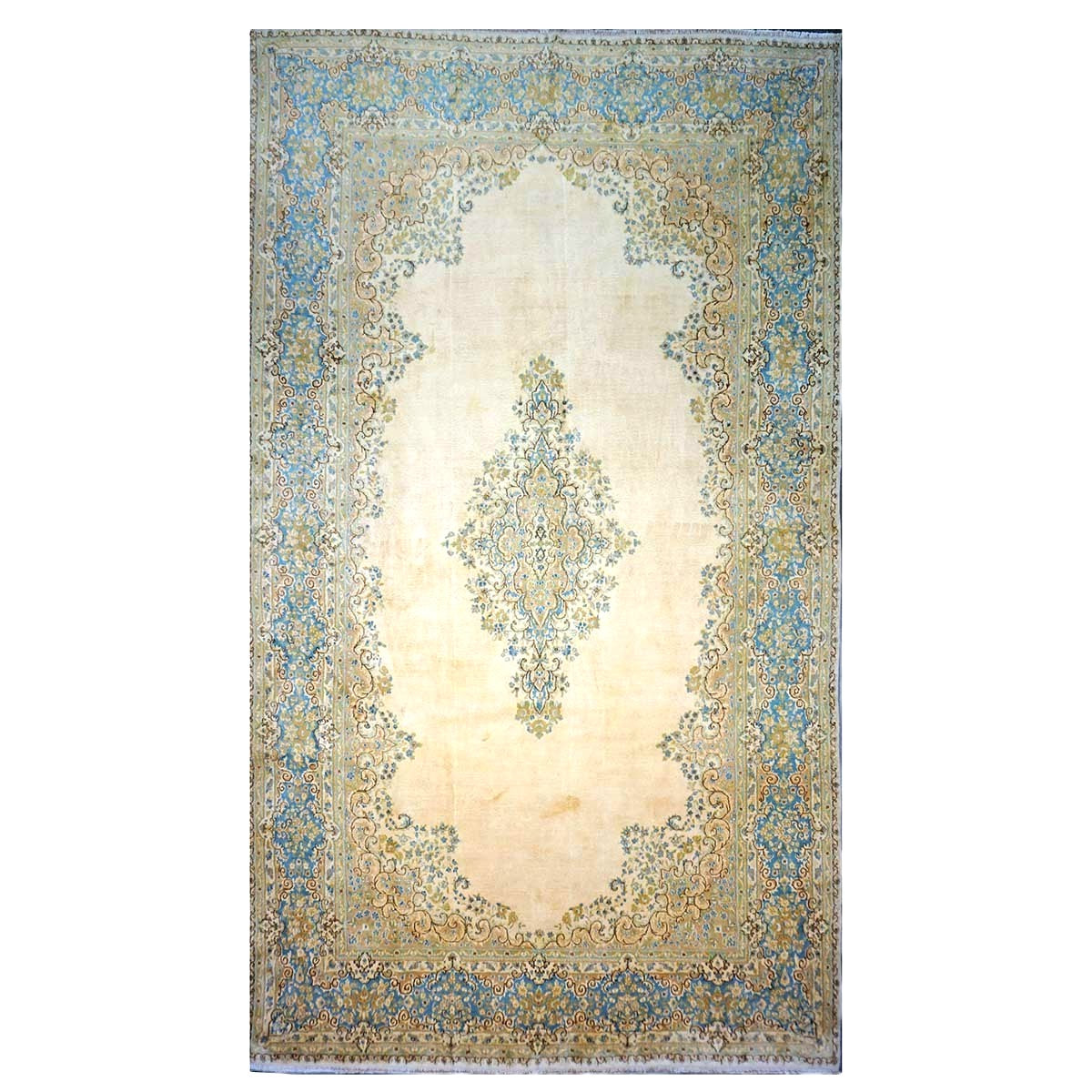 Vintage Persian Kerman Wool 10x18 Ivory, Olive & Light Blue Handmade Area Rug #9901772