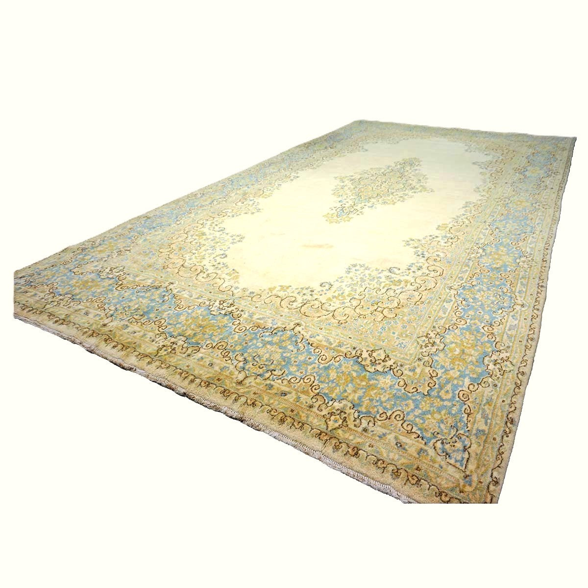 Vintage Persian Kerman Wool 10x18 Ivory, Olive & Light Blue Handmade Area Rug #9901772
