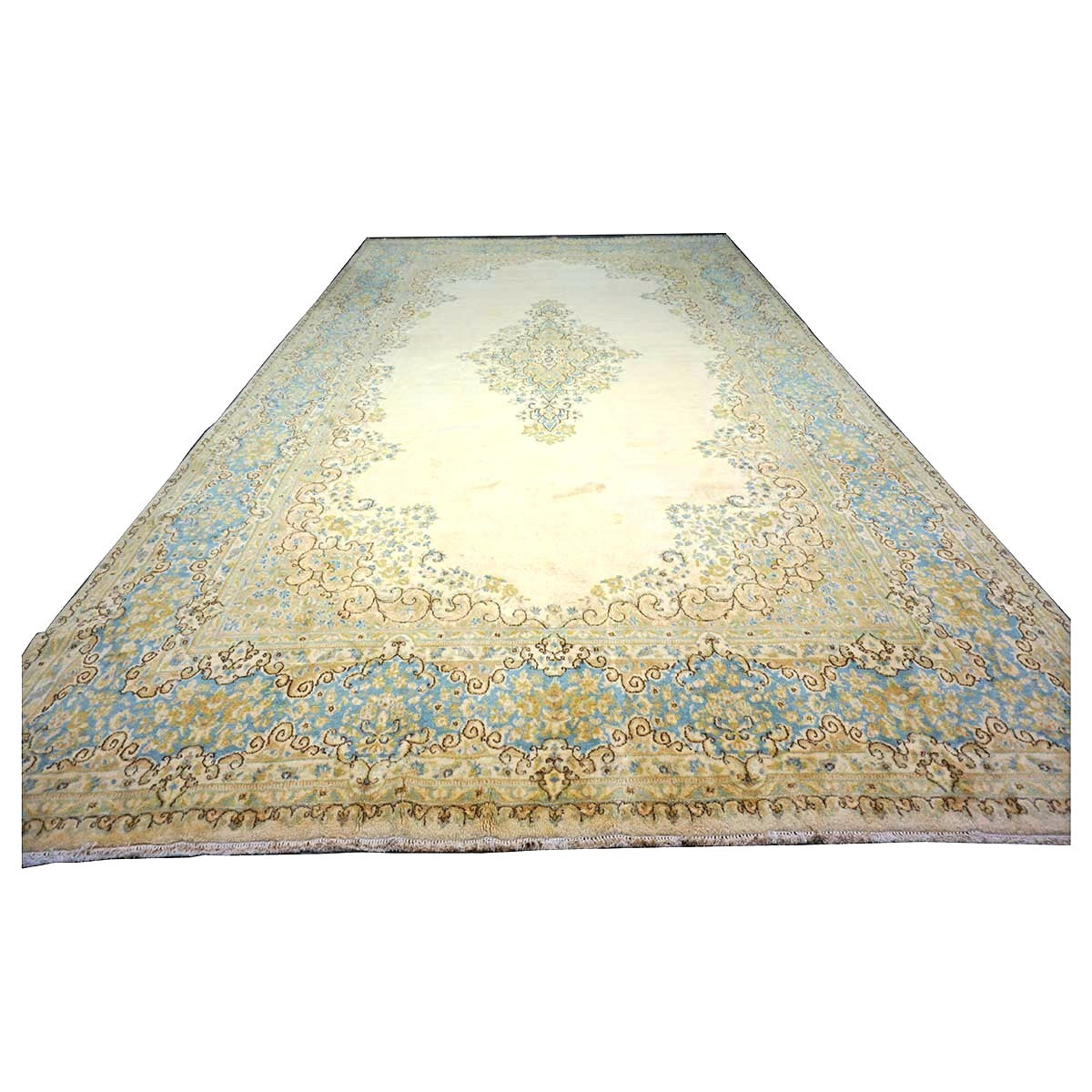 Vintage Persian Kerman Wool 10x18 Ivory, Olive & Light Blue Handmade Area Rug #9901772