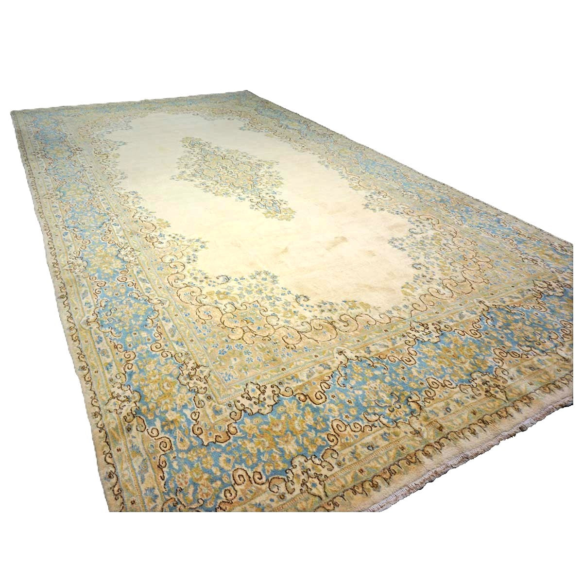 Vintage Persian Kerman Wool 10x18 Ivory, Olive & Light Blue Handmade Area Rug #9901772
