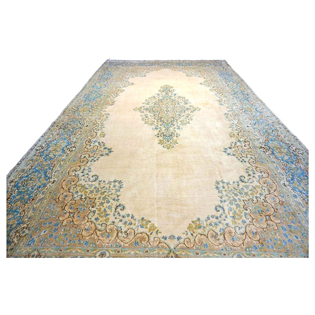 Vintage Persian Kerman Wool 10x18 Ivory, Olive & Light Blue Handmade Area Rug #9901772