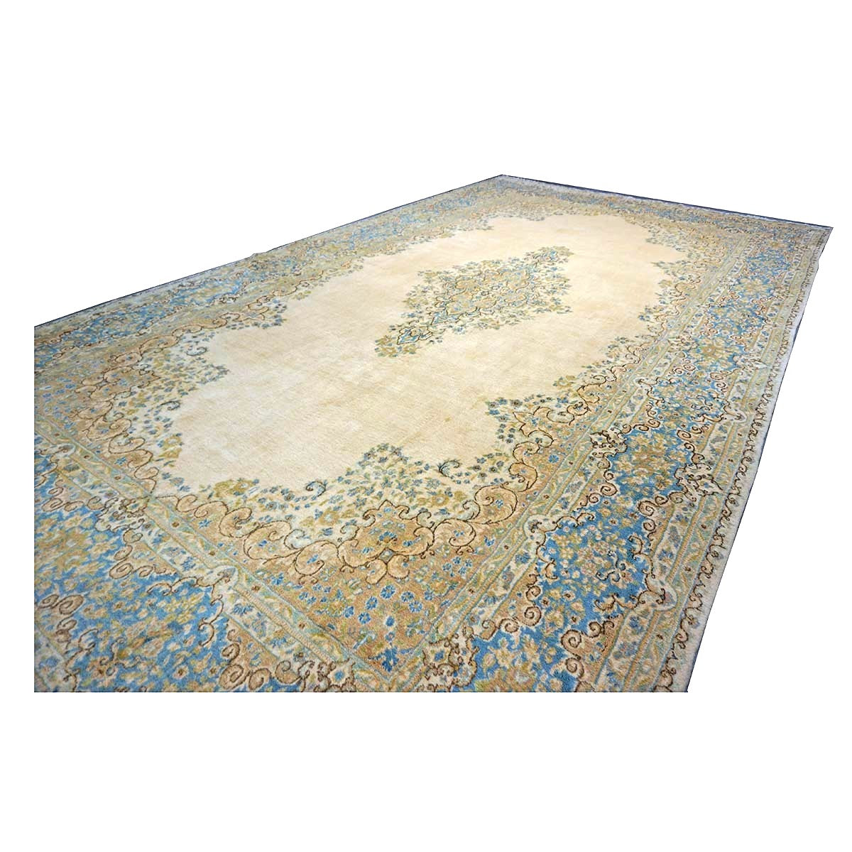 Vintage Persian Kerman Wool 10x18 Ivory, Olive & Light Blue Handmade Area Rug #9901772