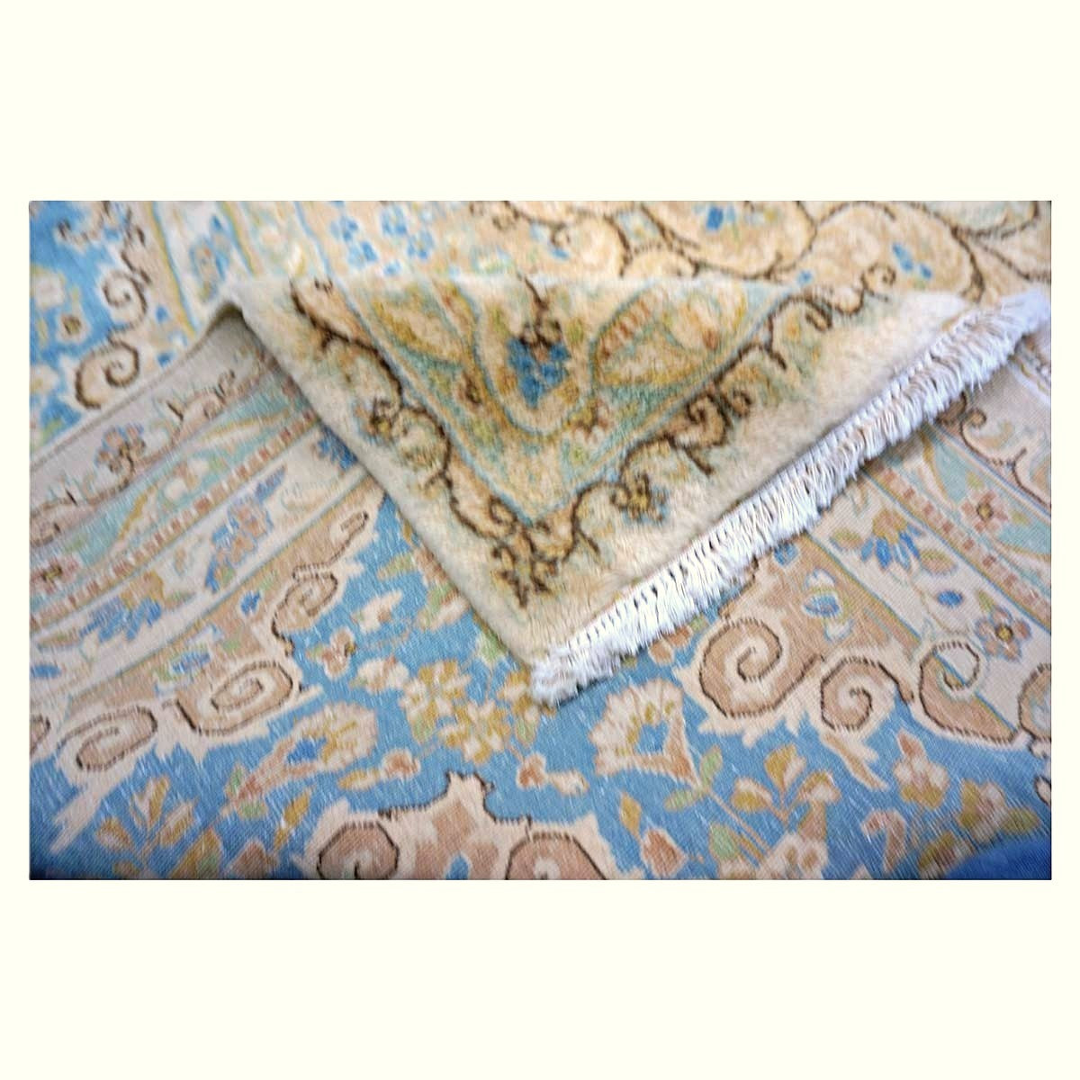 Vintage Persian Kerman Wool 10x18 Ivory, Olive & Light Blue Handmade Area Rug #9901772