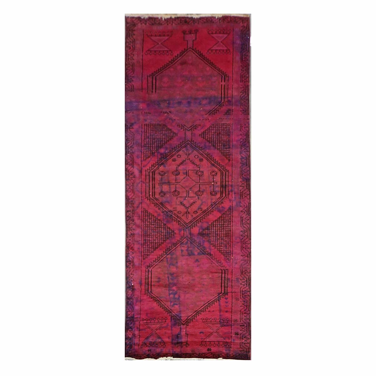 Vintage Persian Distressed Overdye Wool 3x9 Fuchsia Handmade Runner Rug # 9901883