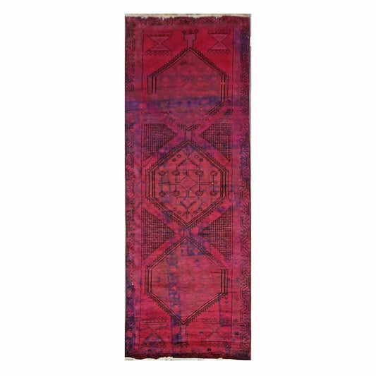 Vintage Persian Distressed Overdye Wool 3x9 Fuchsia Handmade Runner Rug # 9901883