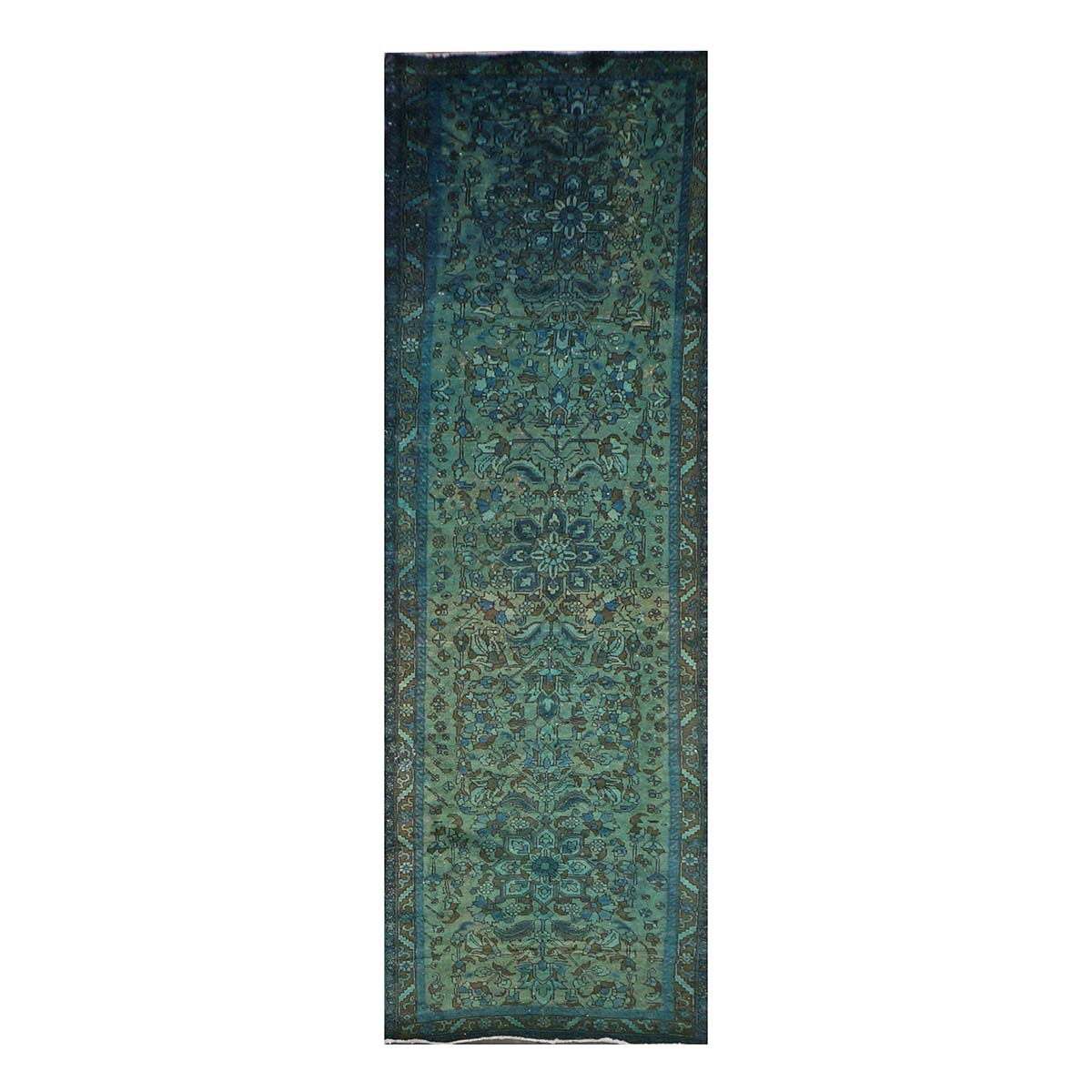 Vintage Persian Distressed Overdye Wool 3x12 Teal, Blue & Brown Handmade Runner Rug # 9901941